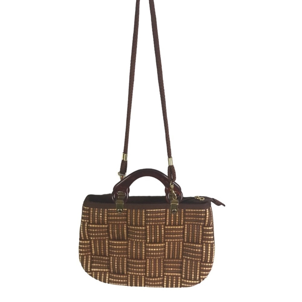 Vintage Brown Woven Crossbody Bag with Tortoiseshell Handle - Picture 3 of 12